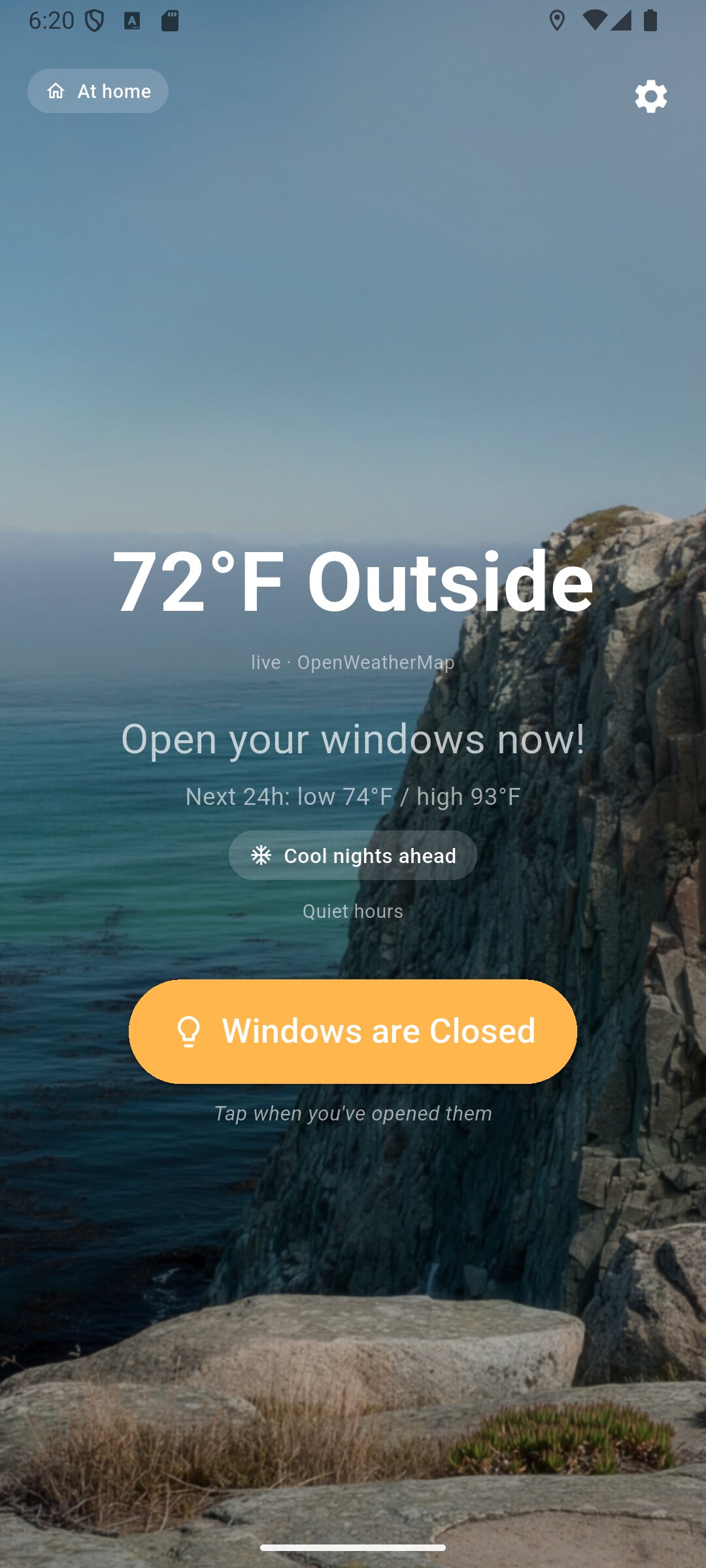 Home screen showing 72°F Outside, Open your windows now, Coastal Cliff theme backdrop
