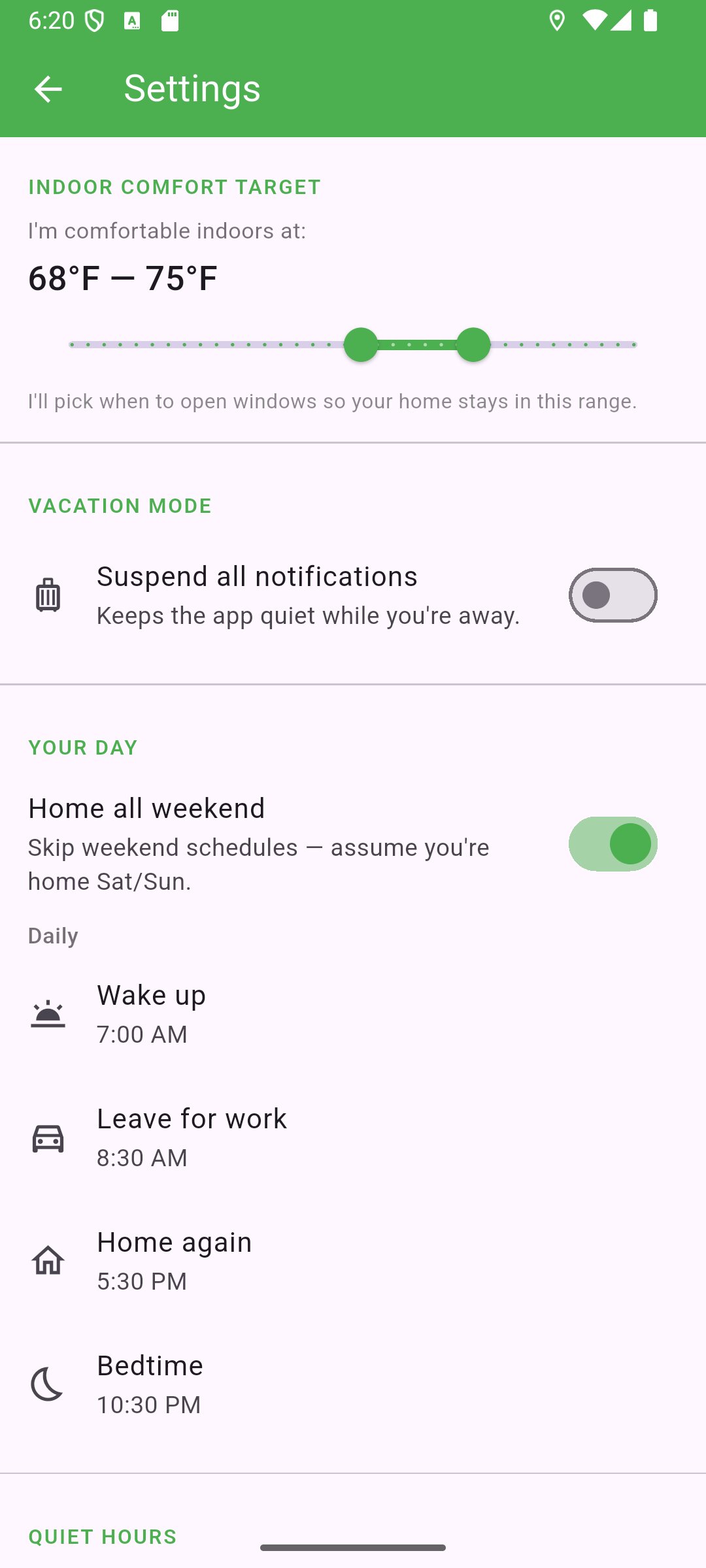 Settings screen showing indoor comfort target slider 68-75°F and schedule rows