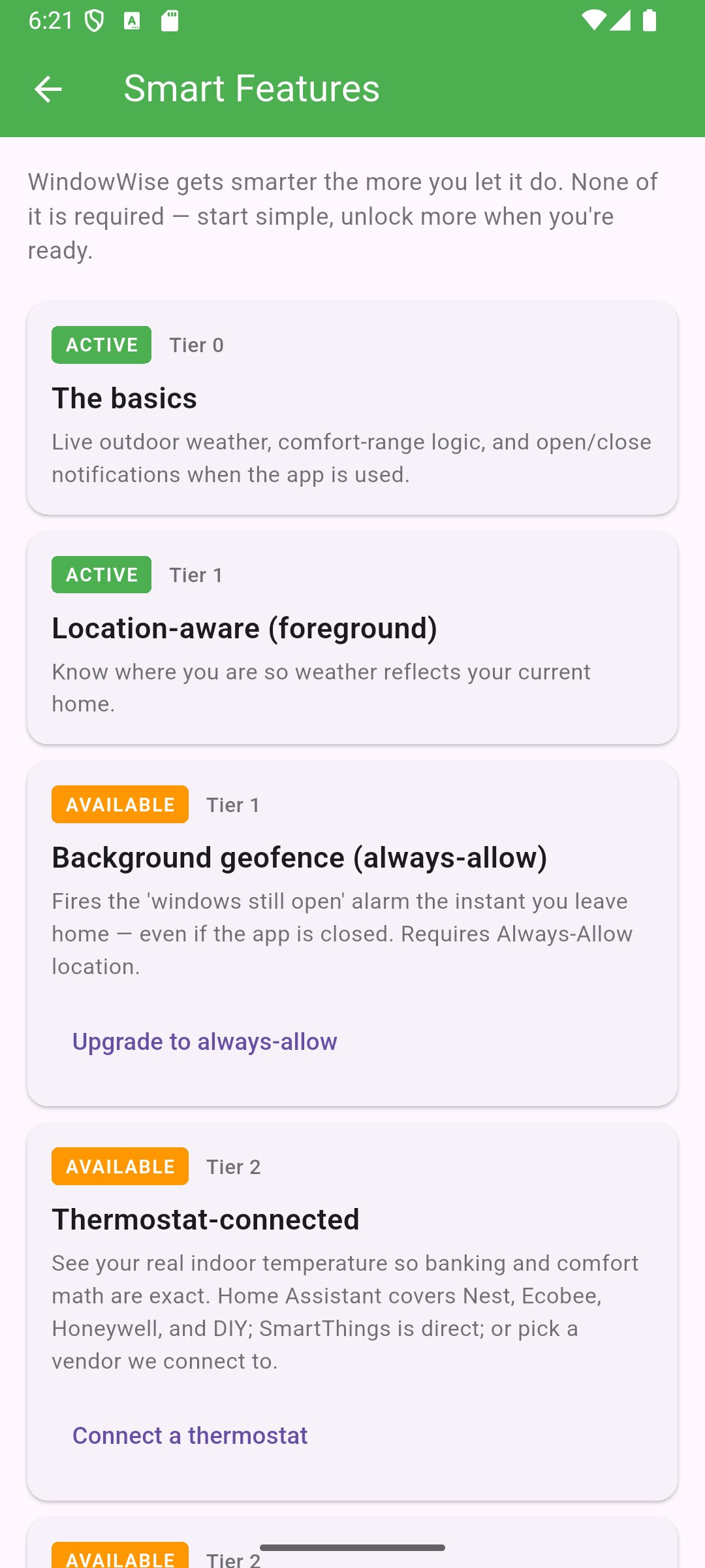 Smart Features screen with tier-based unlock cards