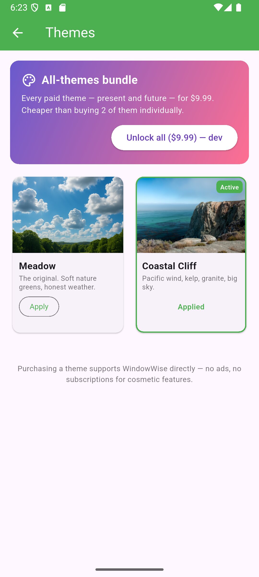 Theme shop showing Meadow free and Coastal Cliff applied